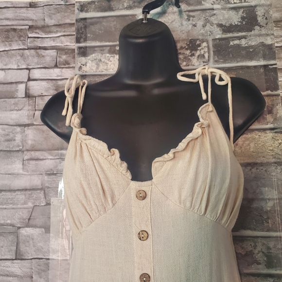 Shop Neighbor Linen Blend Beige Midi Dress Sleeveless Summer Bohemian Beachy Med - Picture 2 of 12